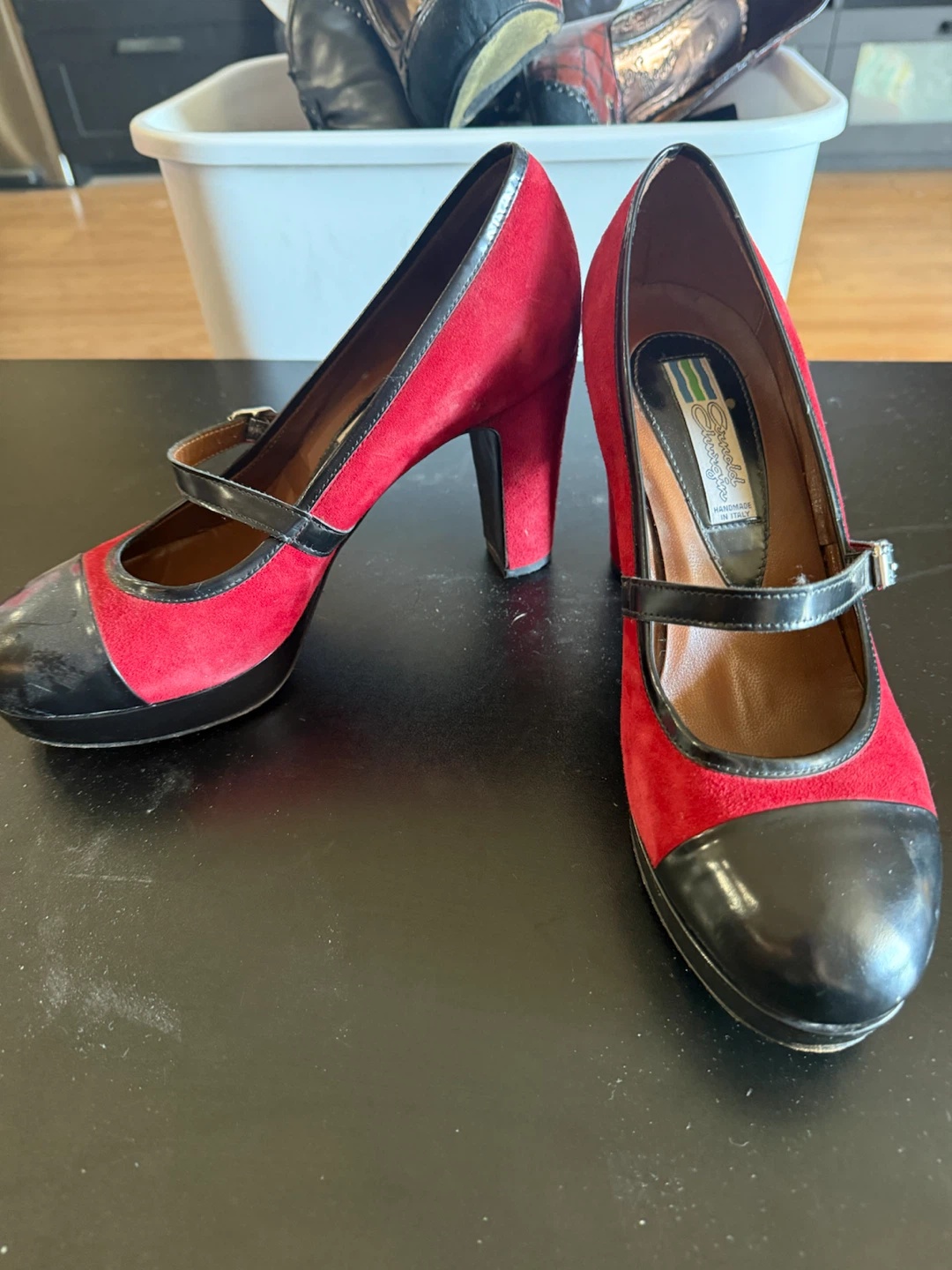 Arnold Shuragon Red Suede Mary Jane Heels