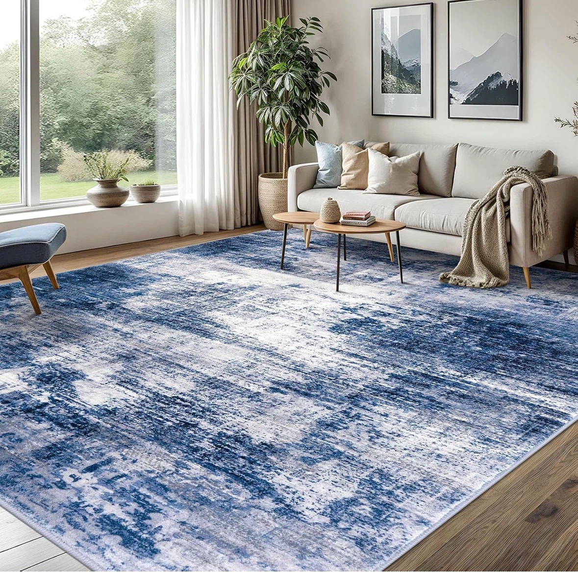 Blue and White Abstract Area Rug 9x12 ft