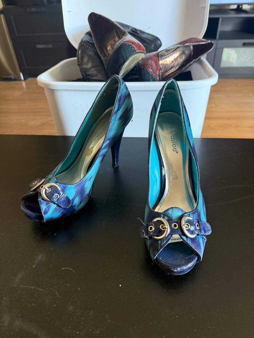 Bamboo Blue Patterned Peep-Toe Heels