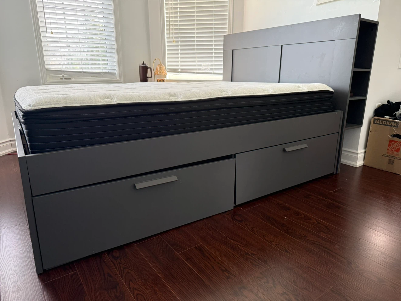 Twin size bed frame with storage and shelving, and mattress