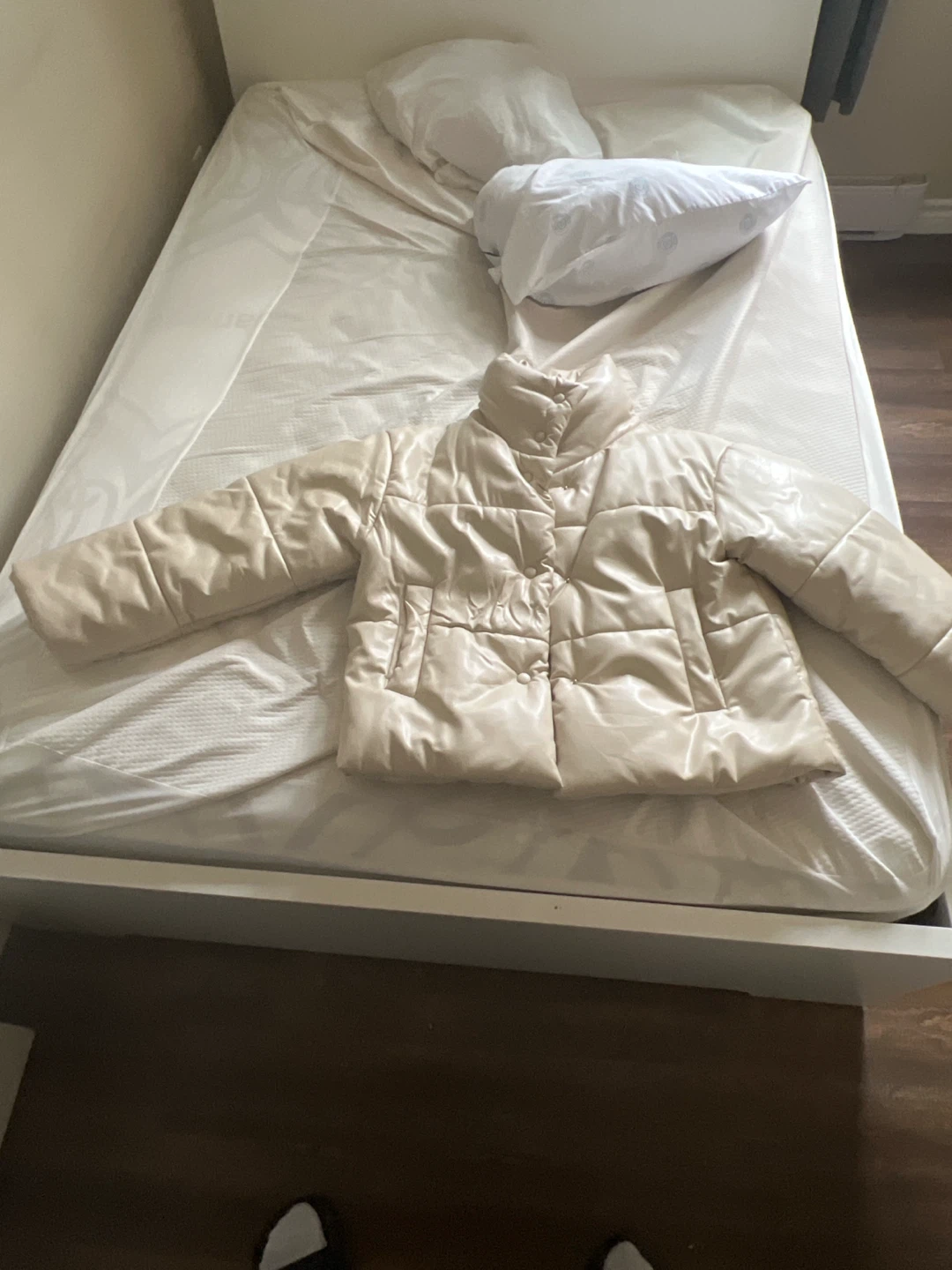 Cream Faux Leather Puffer Jacket