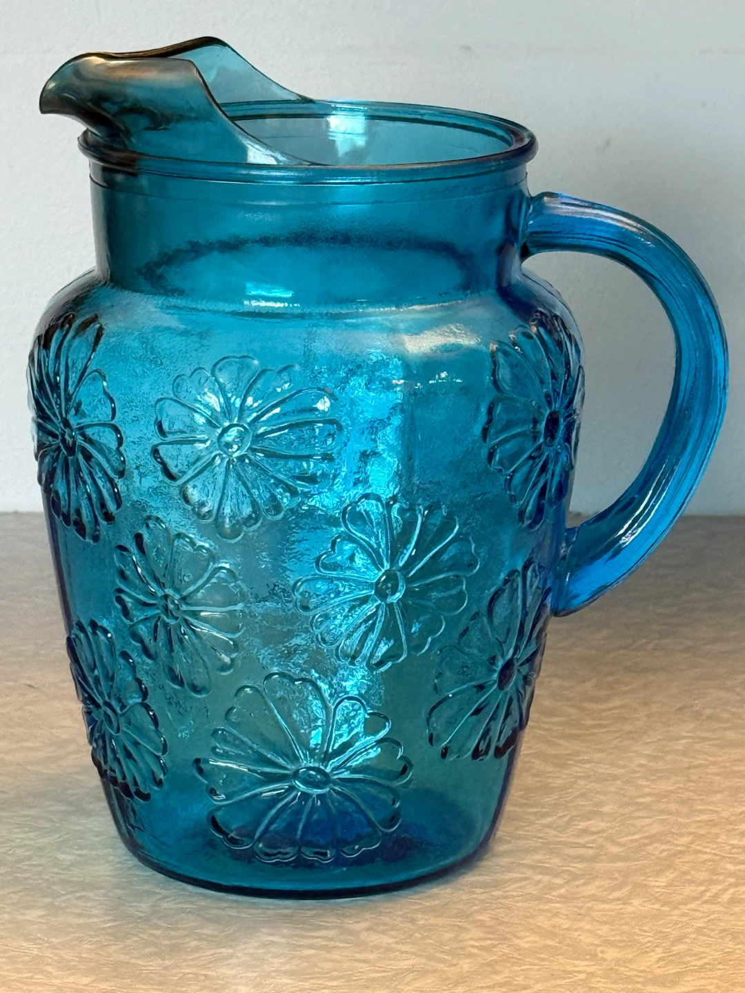 Vintage Anchor Hocking Blue Daisy Glass Pitcher