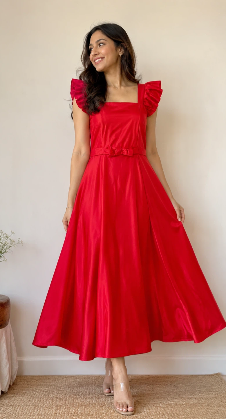 Red ruffled midi dress