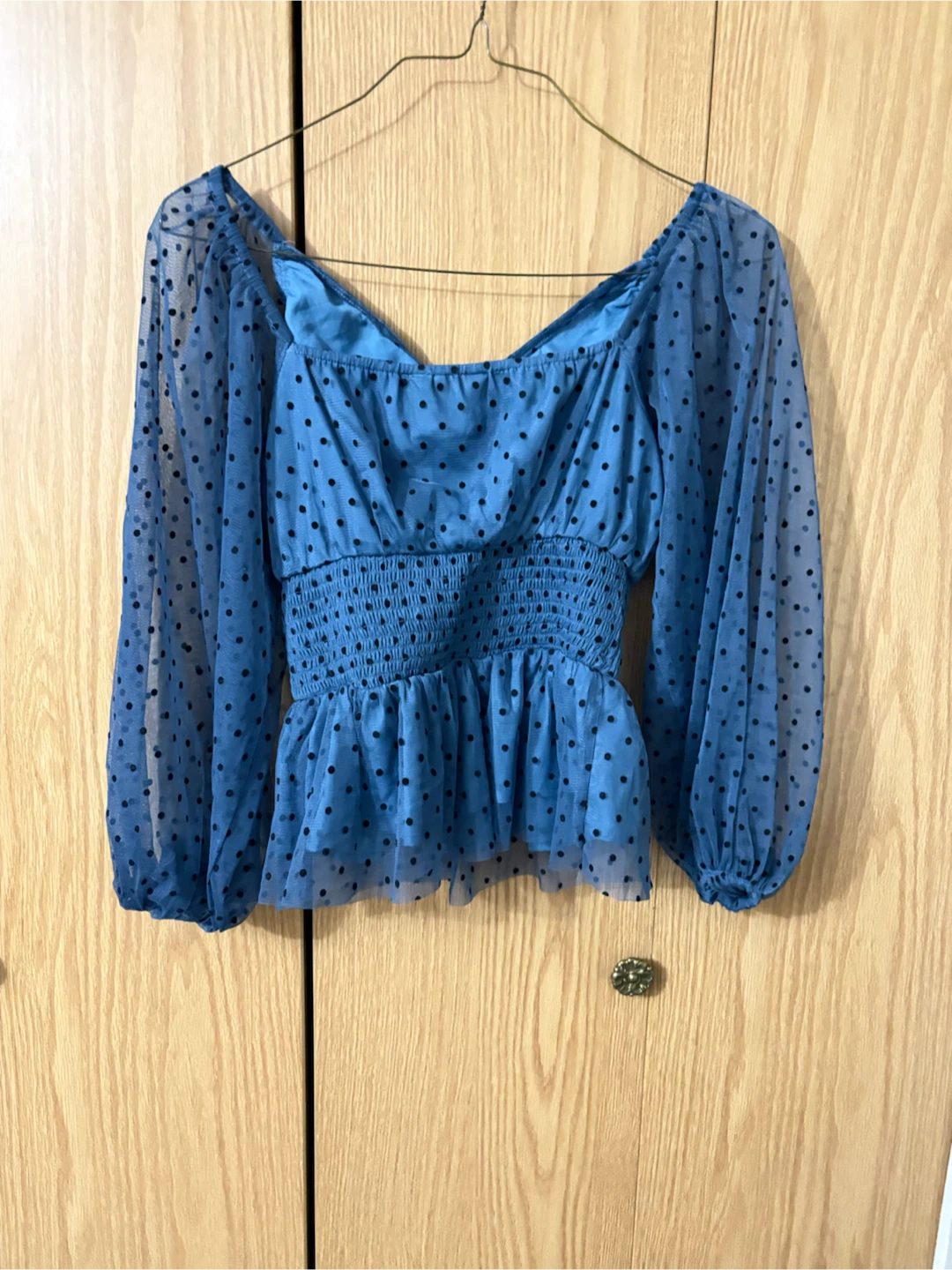 Blue Polka Dot Mesh Peplum Top