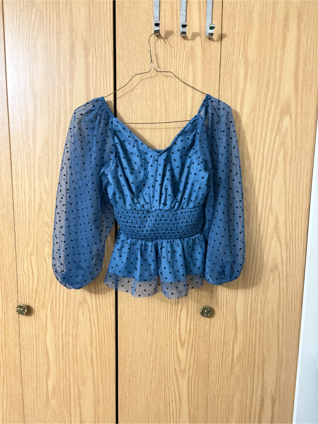Blue Polka Dot Mesh Peplum Top - photo 2
