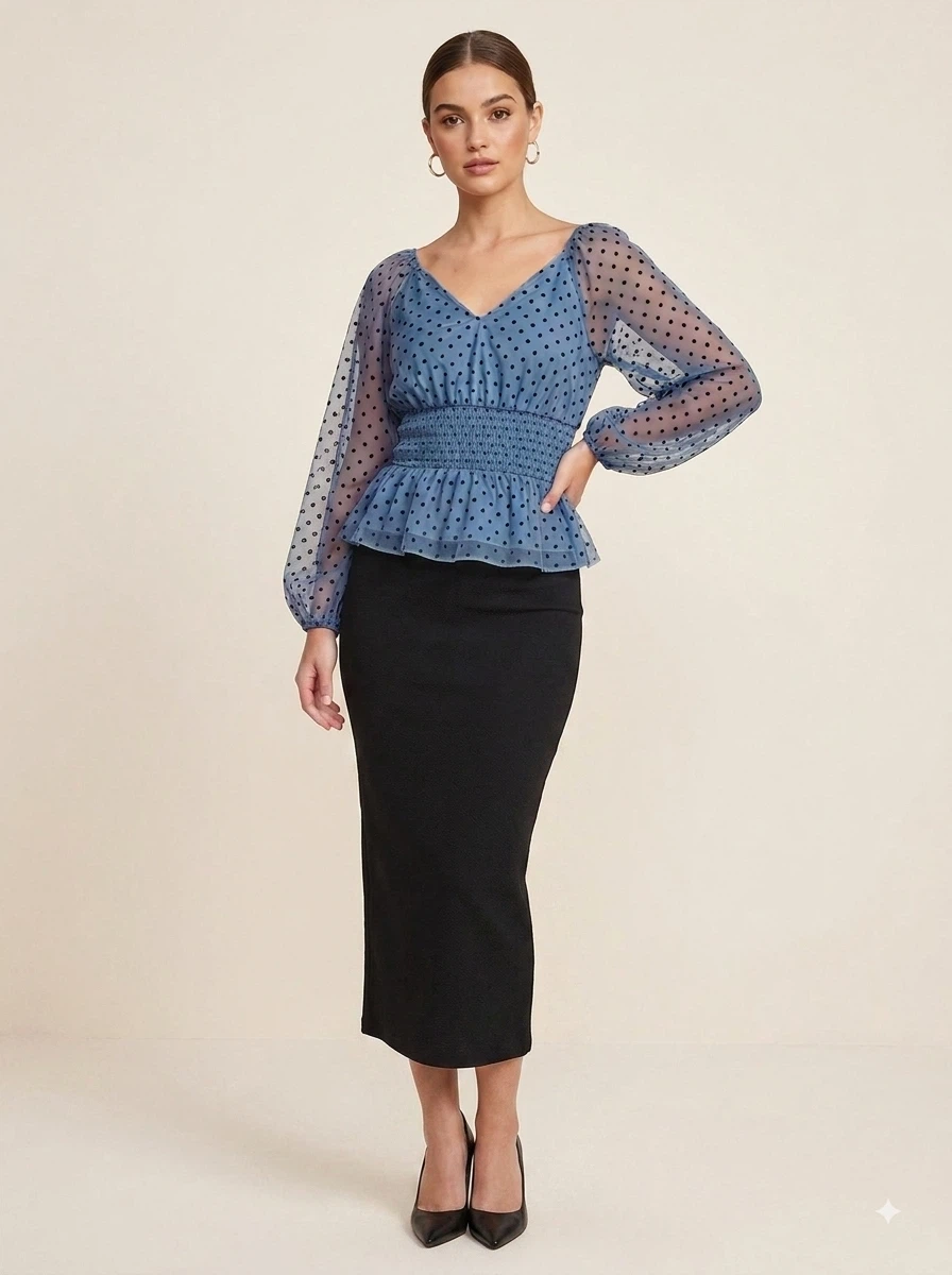 Blue Polka Dot Mesh Peplum Top - photo 3