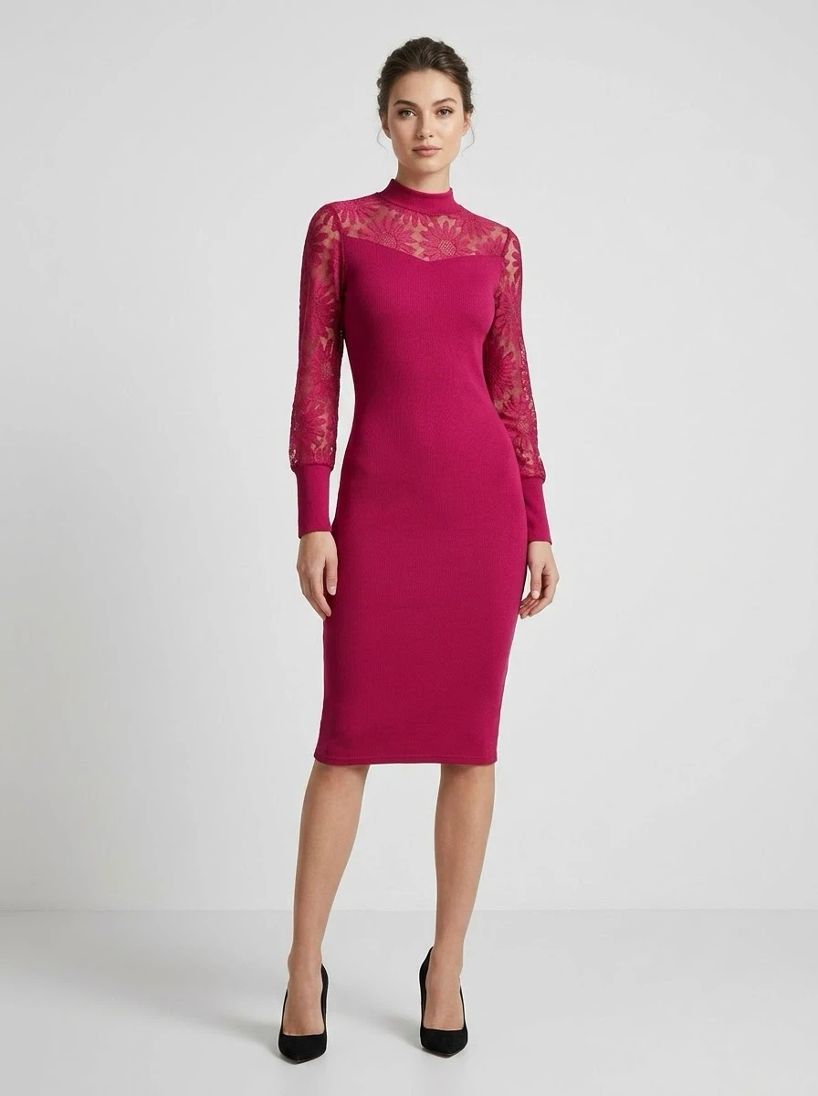 Magenta Mock Neck Lace Sleeve Dress
