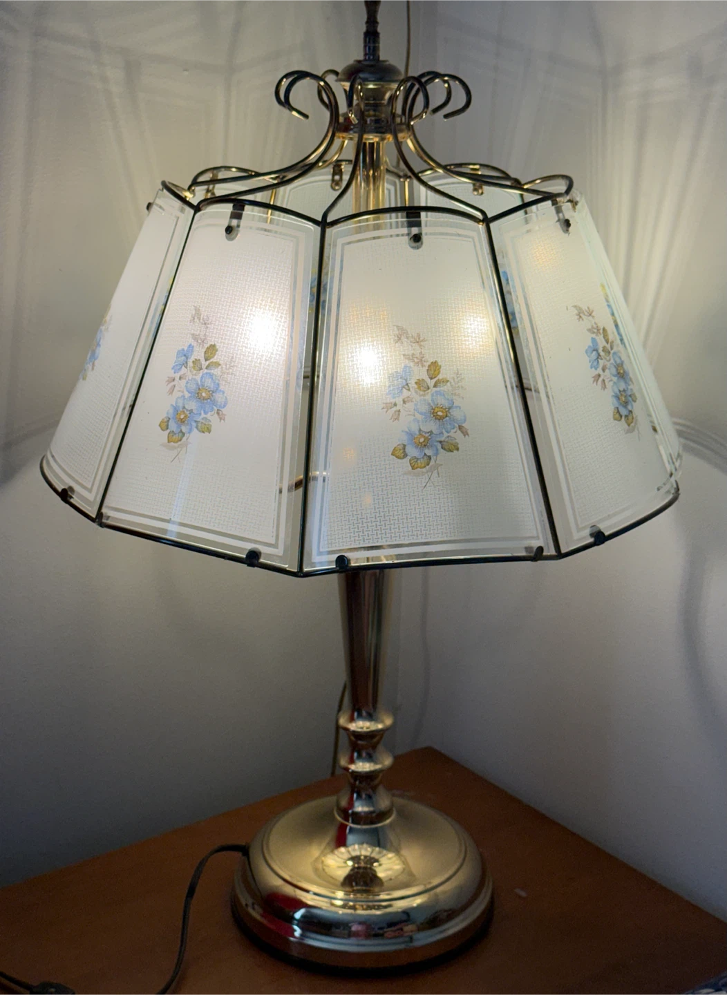 Vintage Brass floral Glass Panel Lamp - photo 5