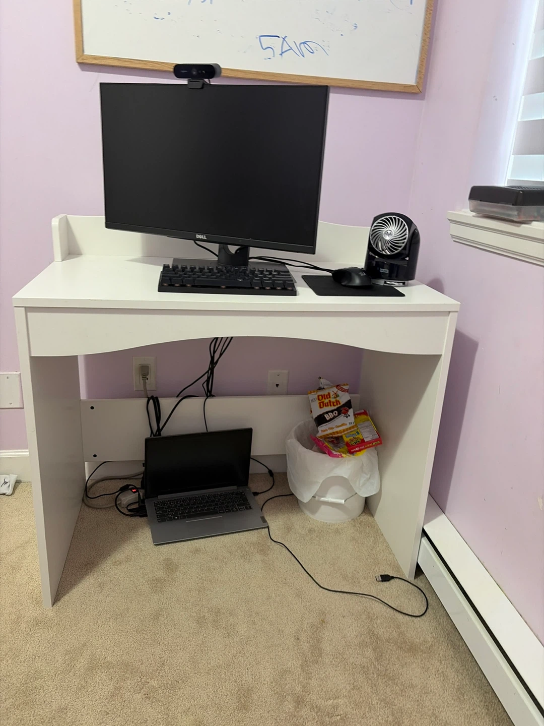 White desk with wire hole and back panel