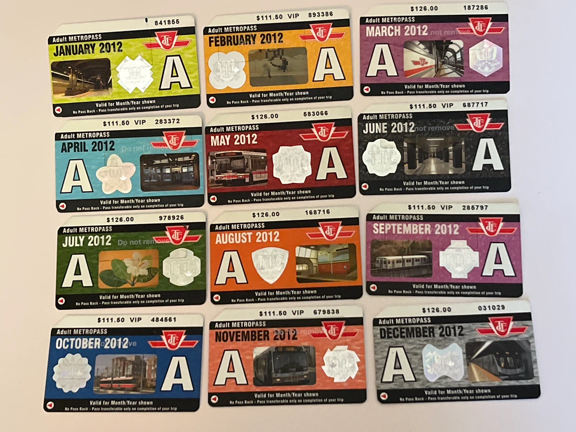 Set of 12 Toronto Transit Commission Metropasses from 2012