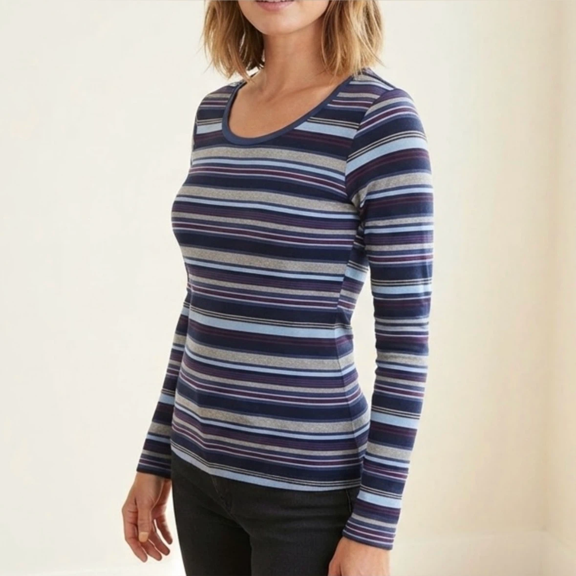 Denver Hayes Striped Stretchy Long Sleeve Scoopneck Top Size M