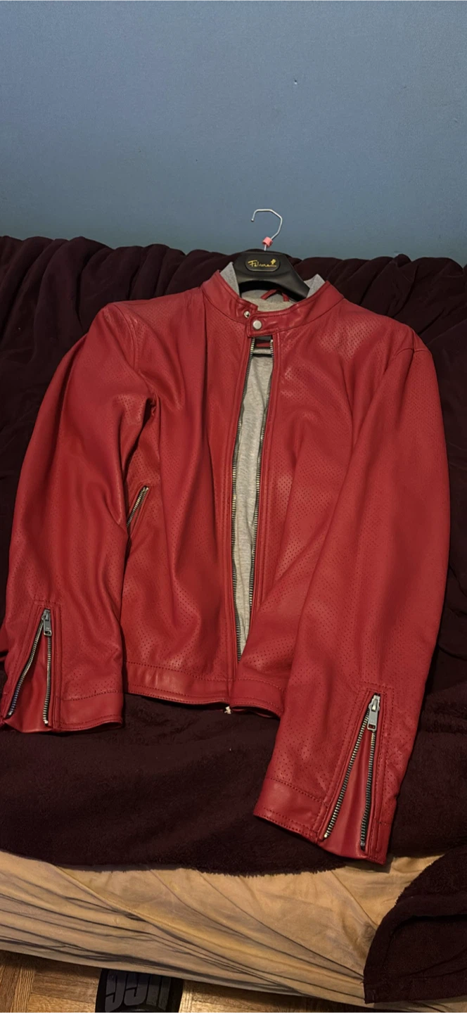 Red Faux Leather Jacket with Hoodie Insert