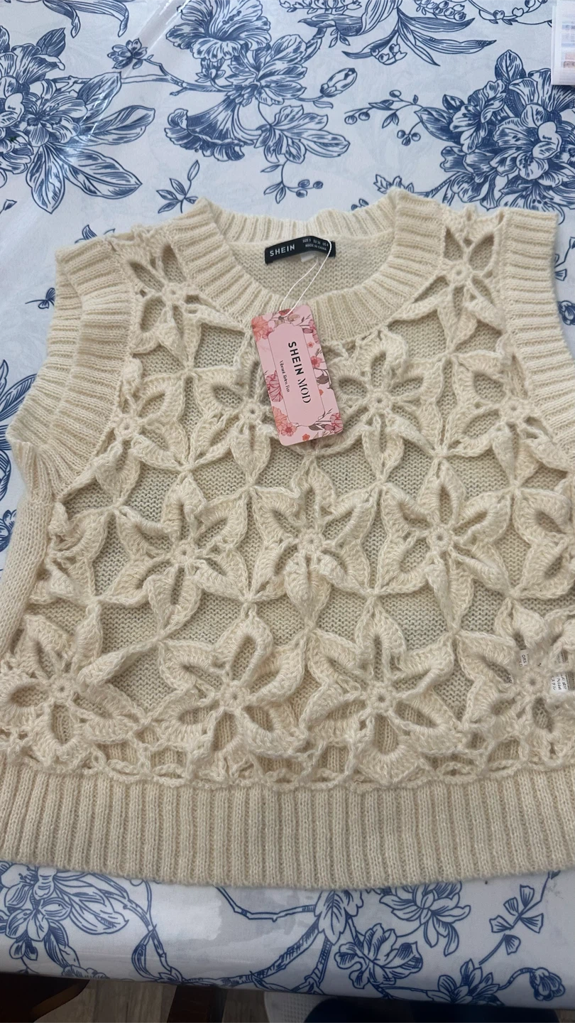 SHEIN MOD Cream Floral Knit Vest