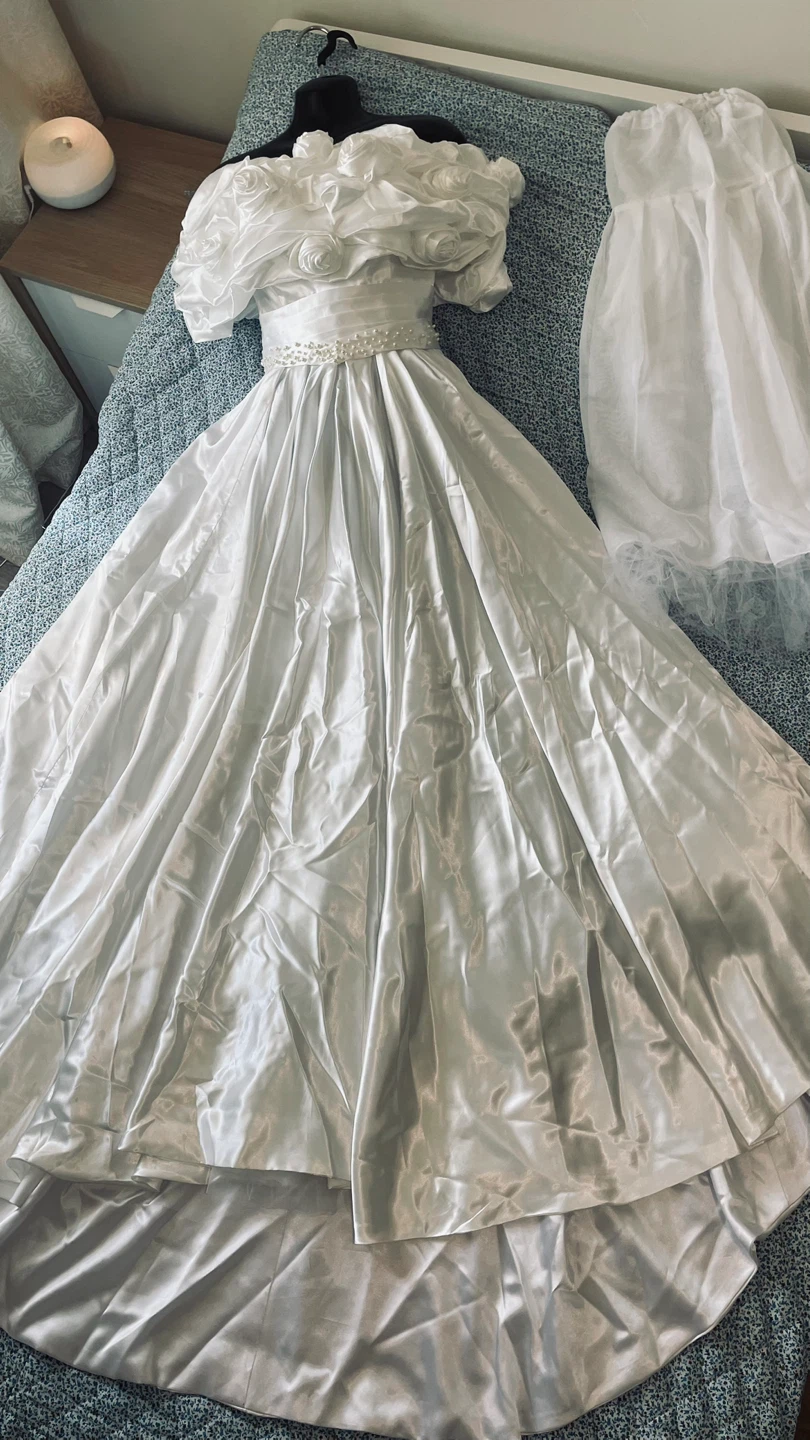 White Satin Wedding Gown with Floral Details