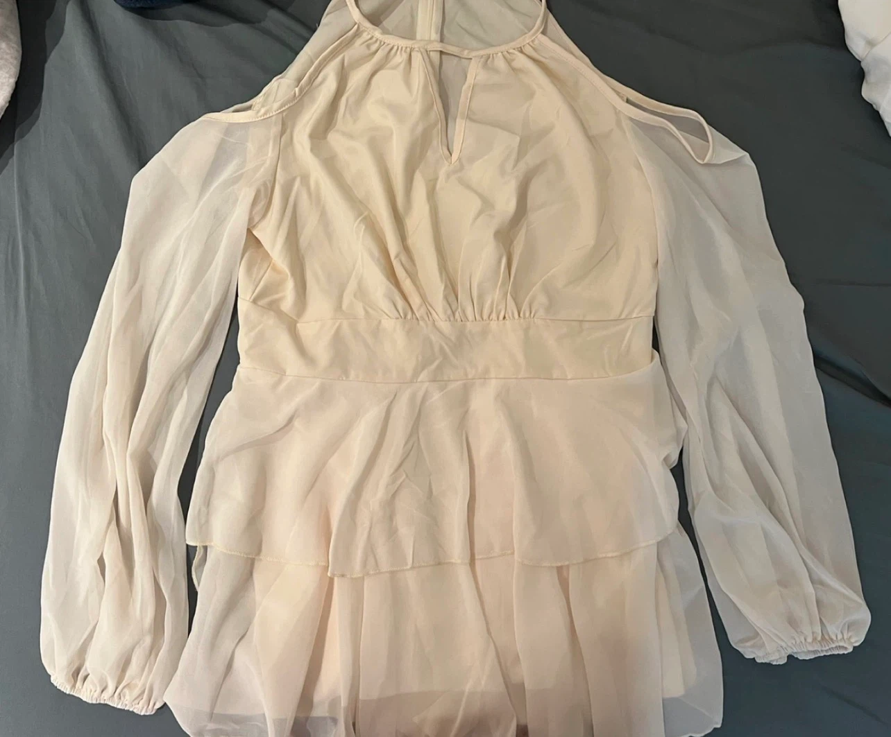 Cream Cold-Shoulder Long-Sleeve Blouse