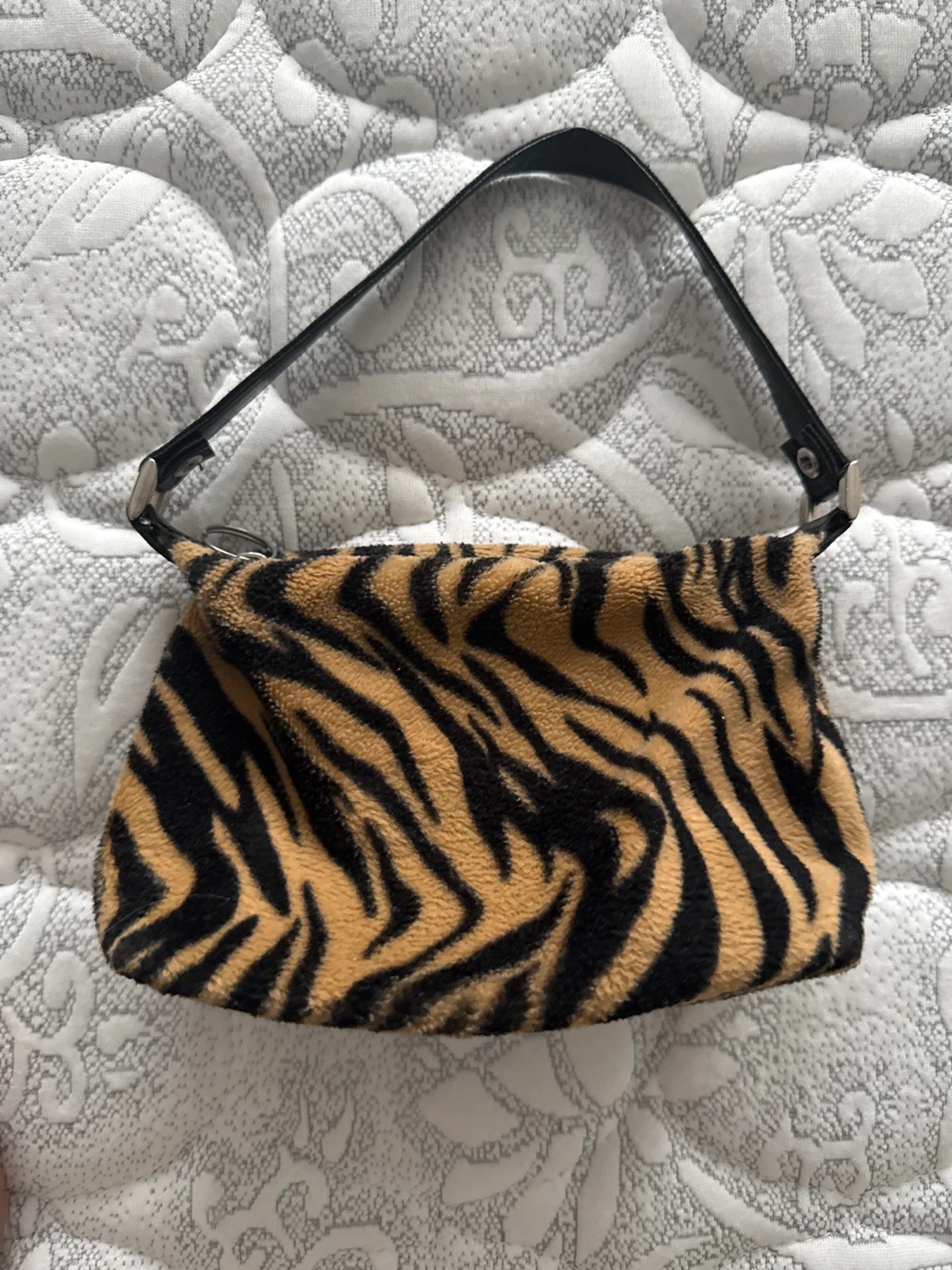 Tiger print fuzzy shoulder bag
