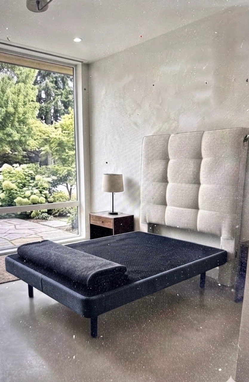Tufted Beige Headboard and Black Bed Base