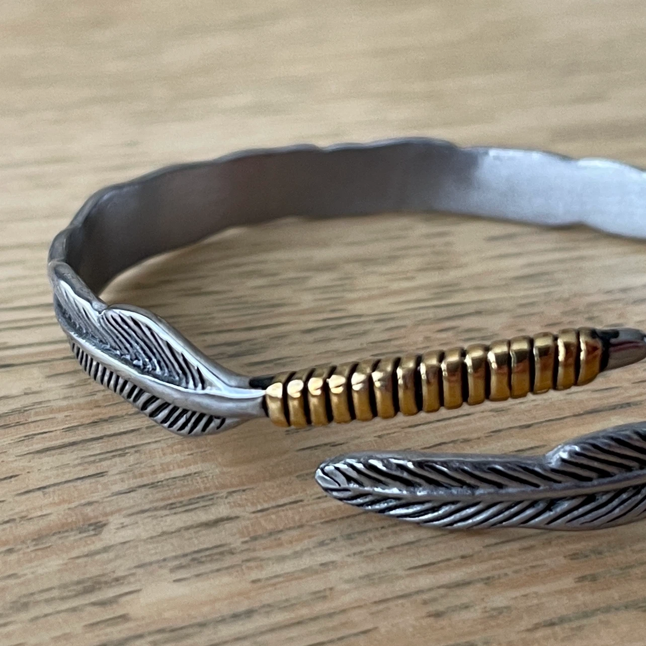 Two-Tone Feather Open Cuff stainless steel Bracelet