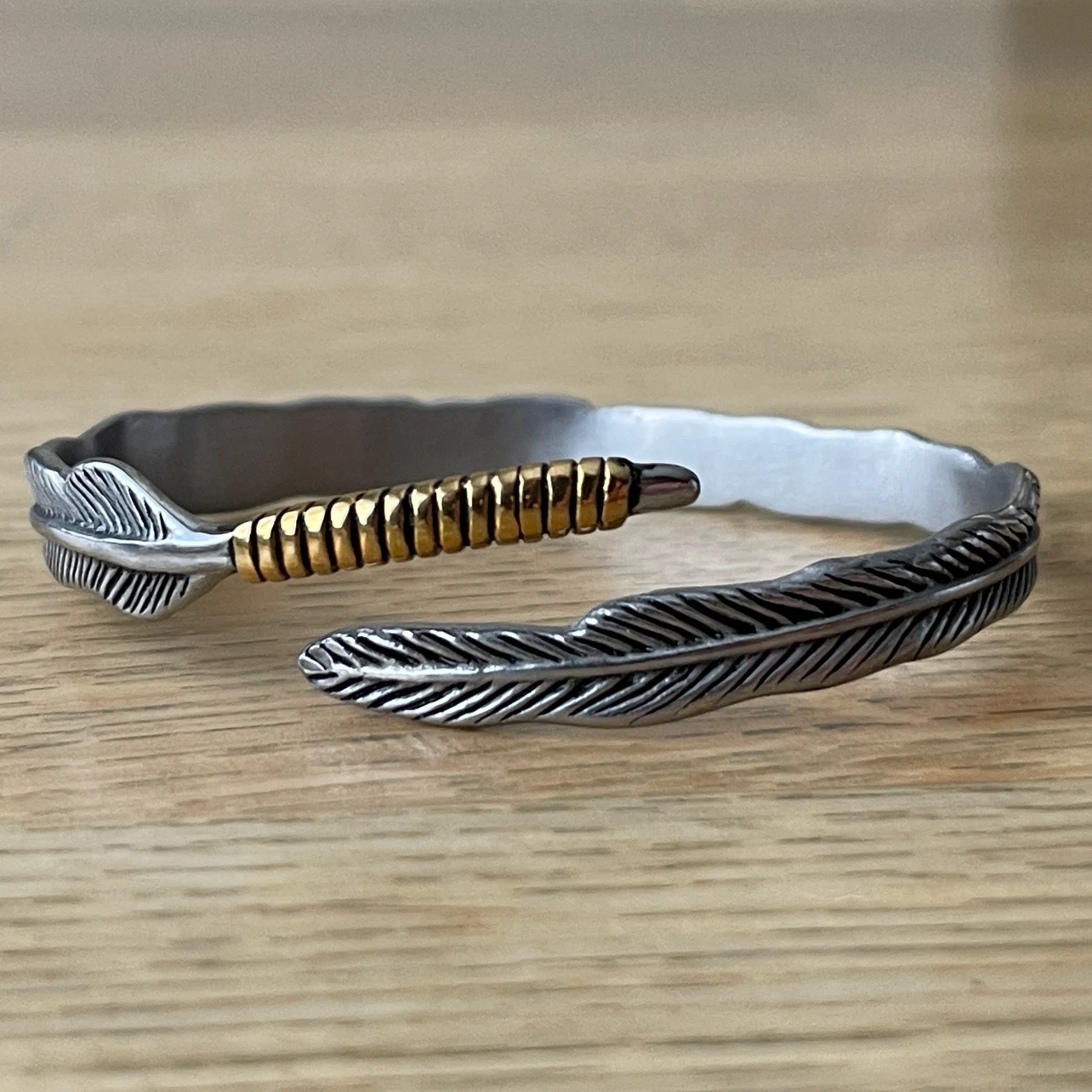 Two-Tone Feather Open Cuff stainless steel Bracelet - photo 2