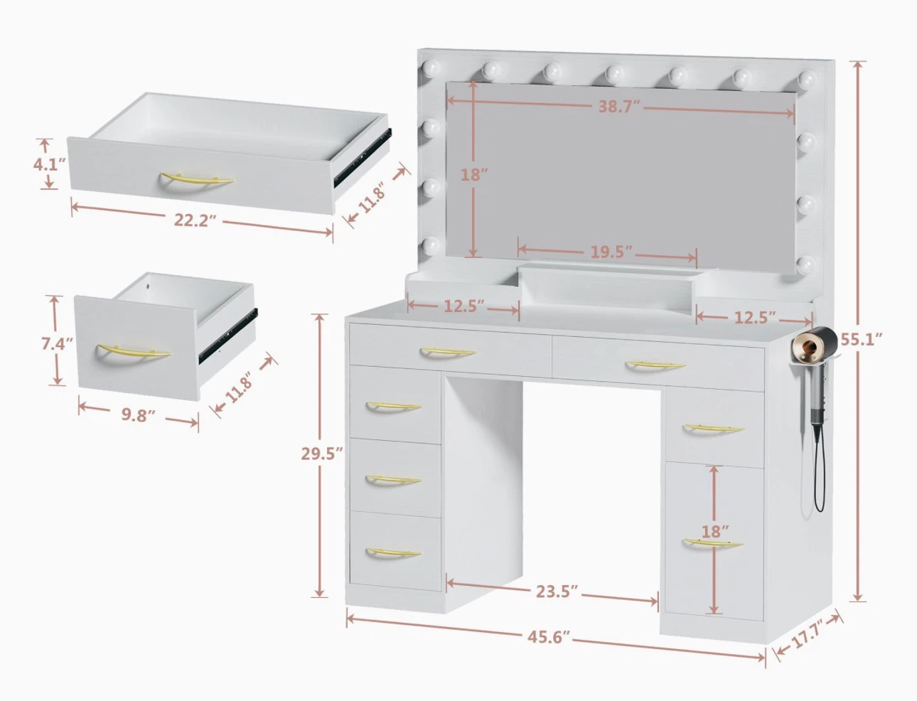 White Vanity Desk with Lighted Mirror - photo 4