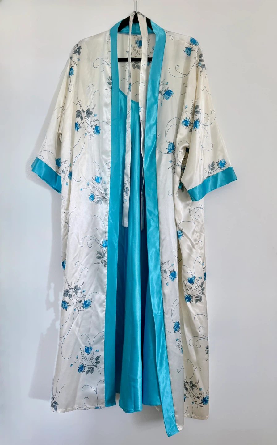 Jasmin Blue Satin Nightgown & White Floral Robe Set M