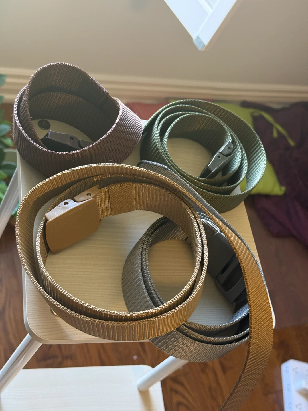 4 Tactical/Web Belts (Brown, Olive, Tan) — $12