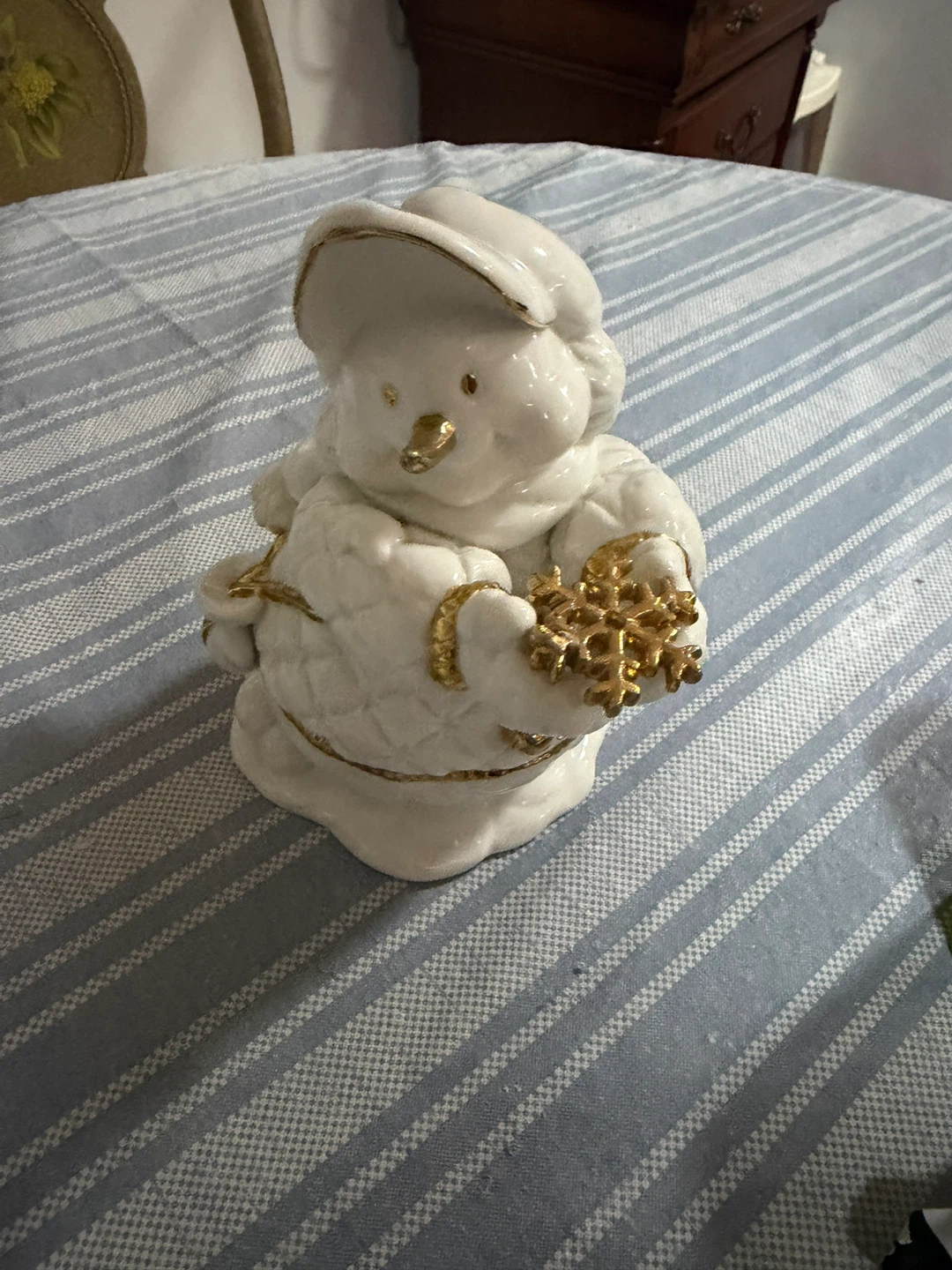 Ceramic Snowman Figurine with Gold Accents