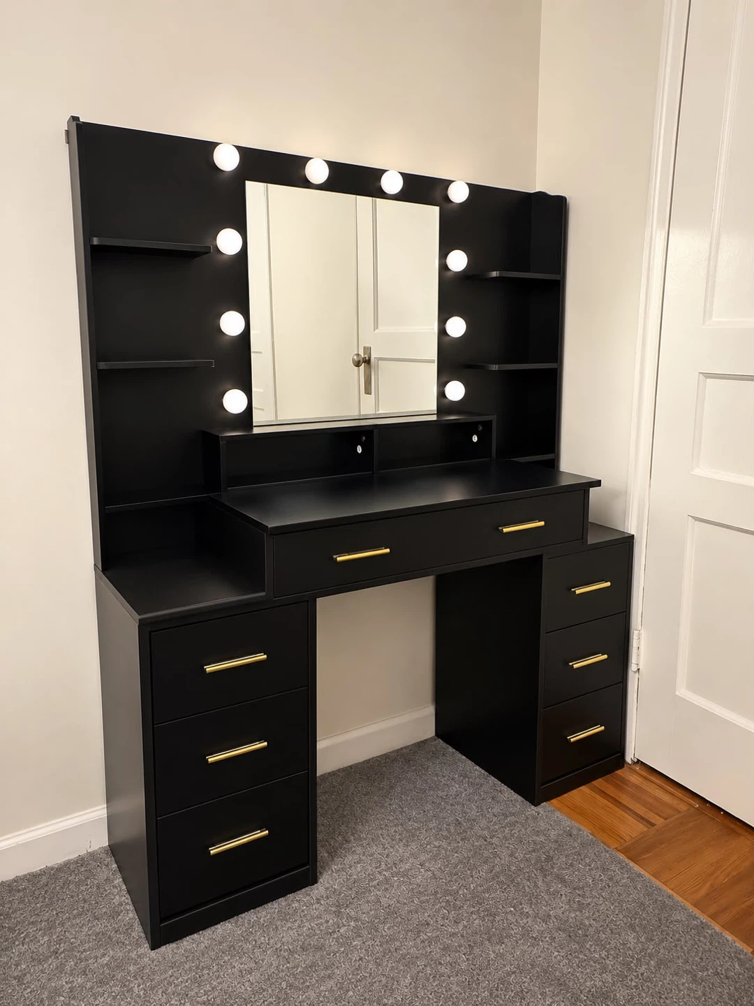 Black Vanity Desk with Lighted Mirror and Drawers