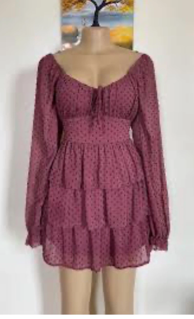 Mauve Polka Dot Tiered Long Sleeve Dress