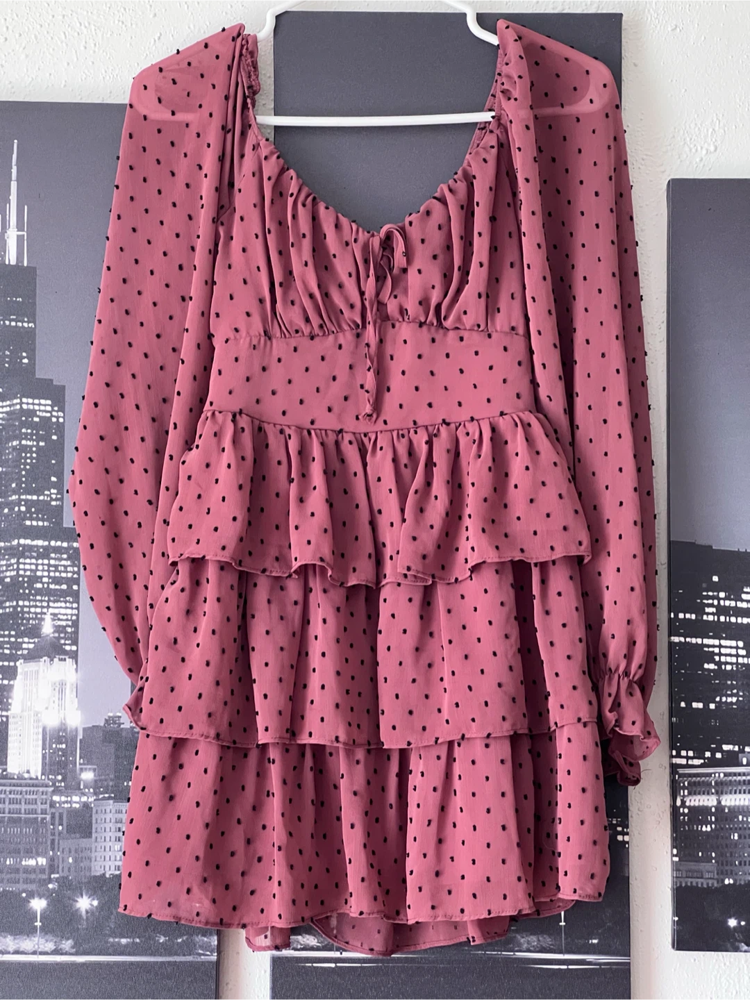 Mauve Polka Dot Tiered Long Sleeve Dress - photo 3