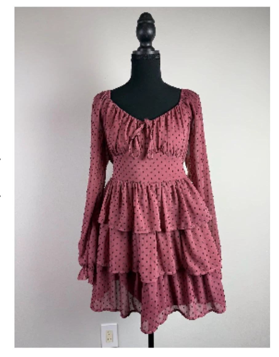 Mauve Polka Dot Tiered Long Sleeve Dress - photo 4