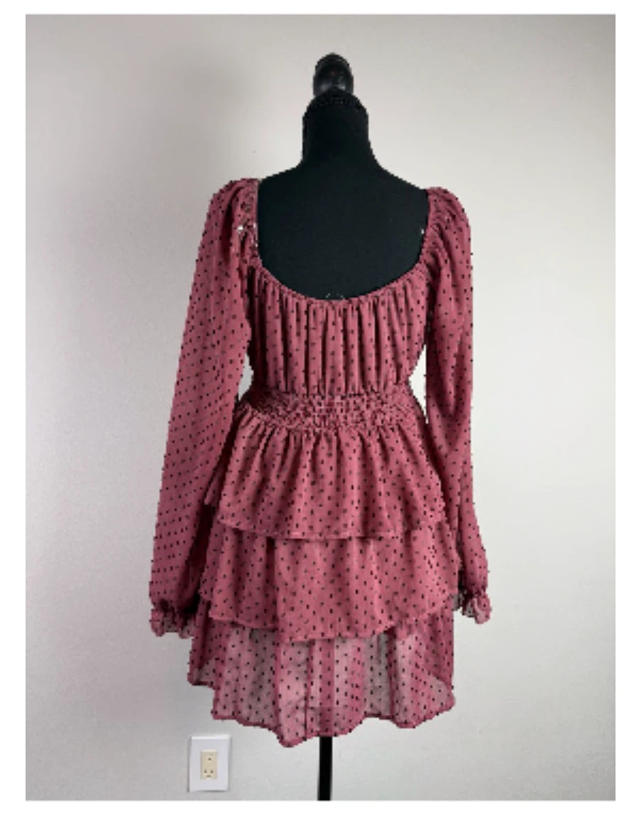 Mauve Polka Dot Tiered Long Sleeve Dress - photo 5