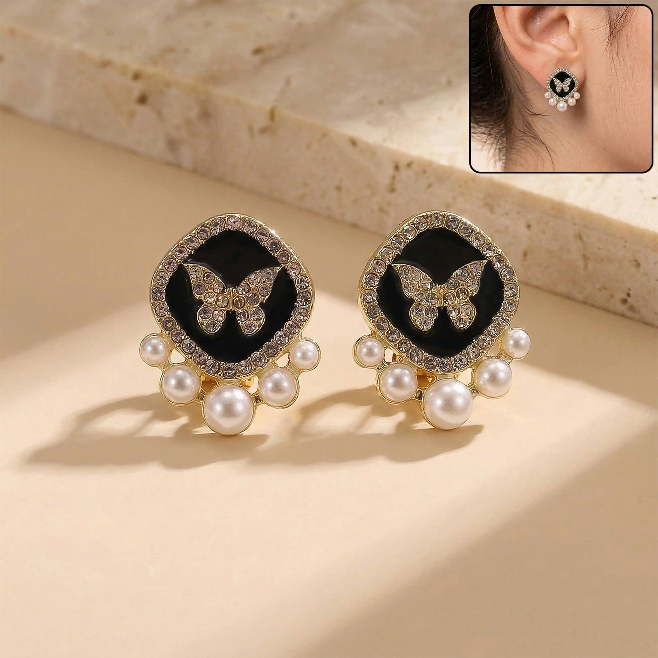 Butterfly and Pearl Stud Earrings