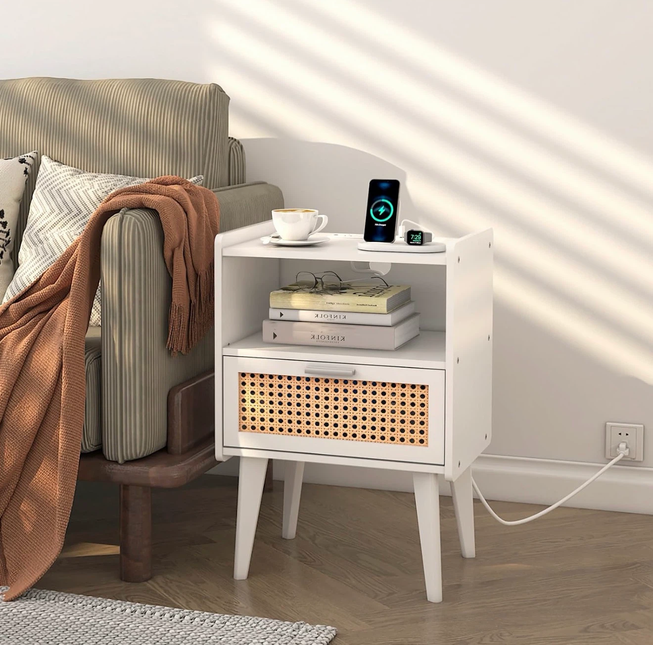 White Rattan Nightstand with Charging Station