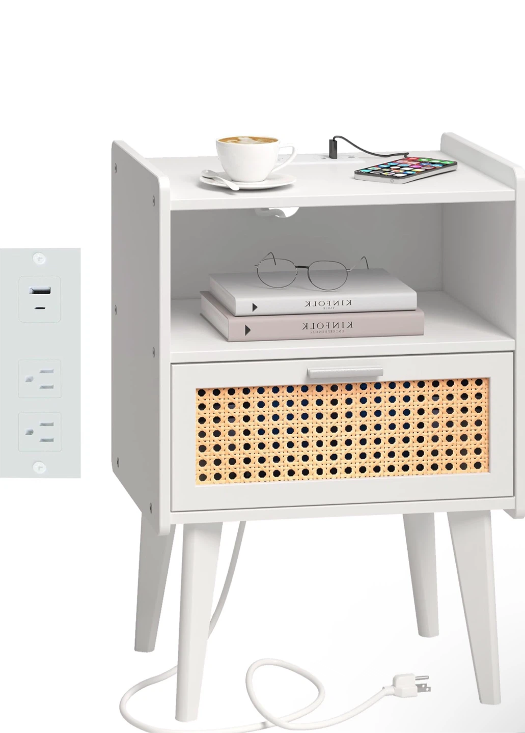 White Rattan Nightstand with Charging Station - photo 2