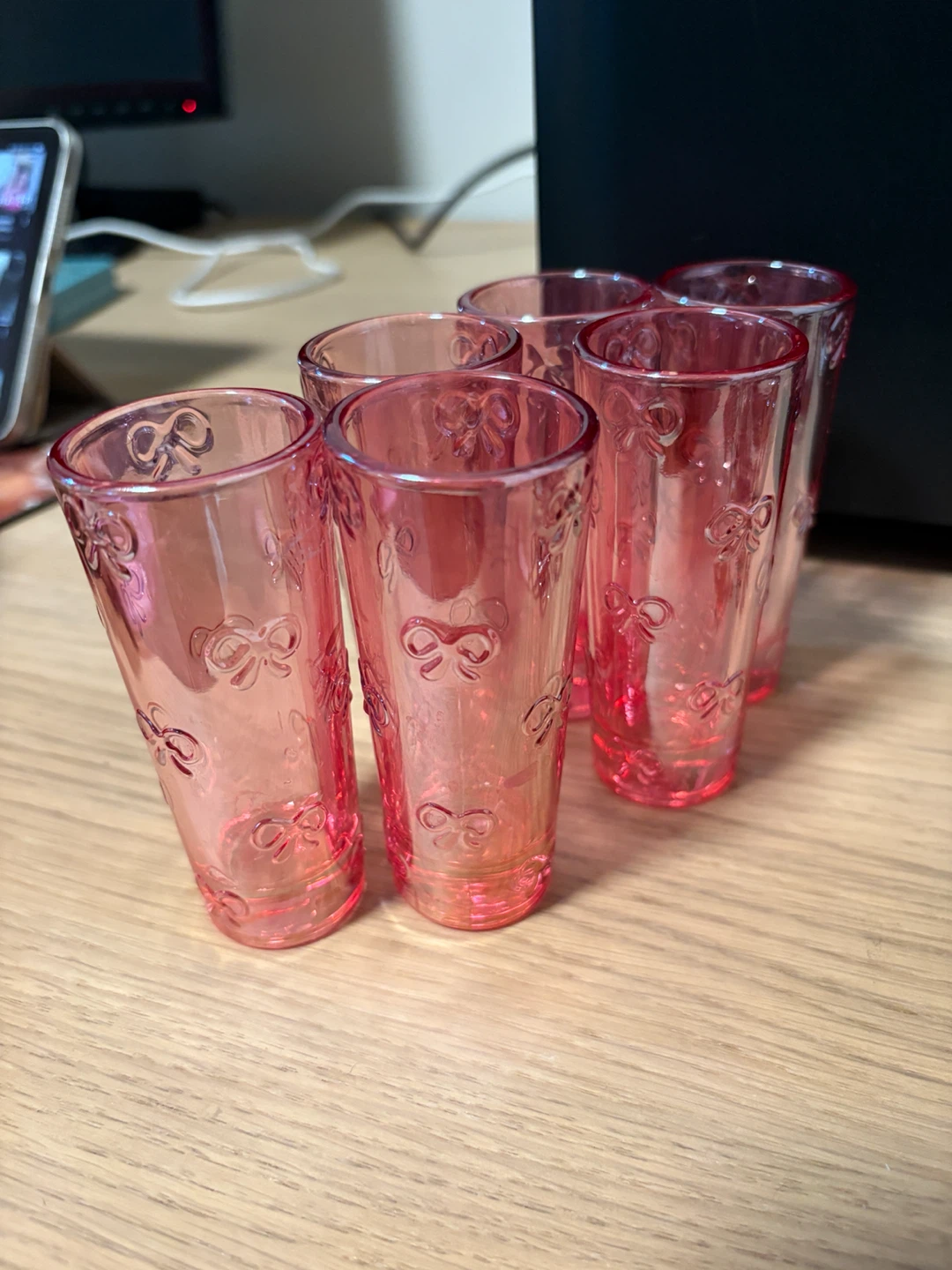 Set of 6 Pink Glass Shot Glasses with Bow Pattern