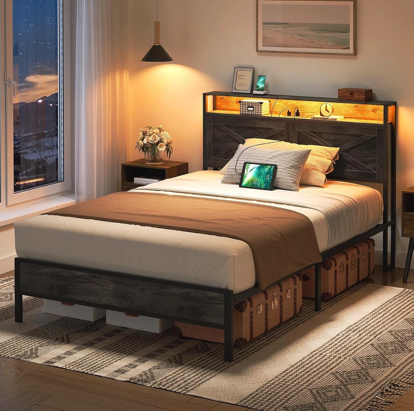 Twin Size LED Bed Frame with Headboard Storage
