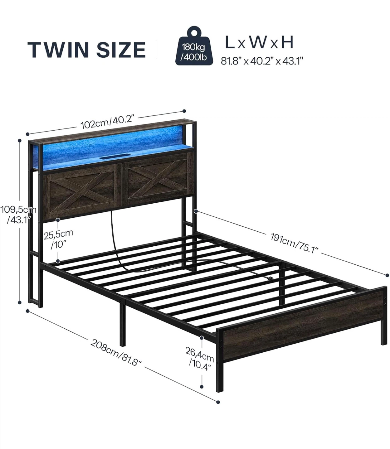 Twin Size LED Bed Frame with Headboard Storage - photo 2