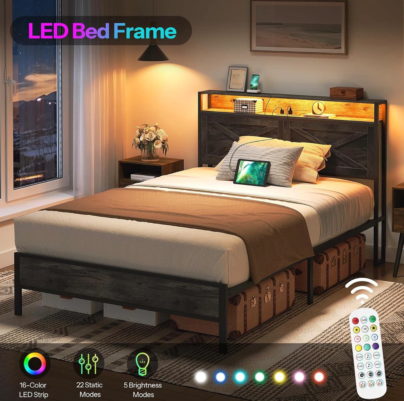 Twin Size LED Bed Frame with Headboard Storage - photo 3