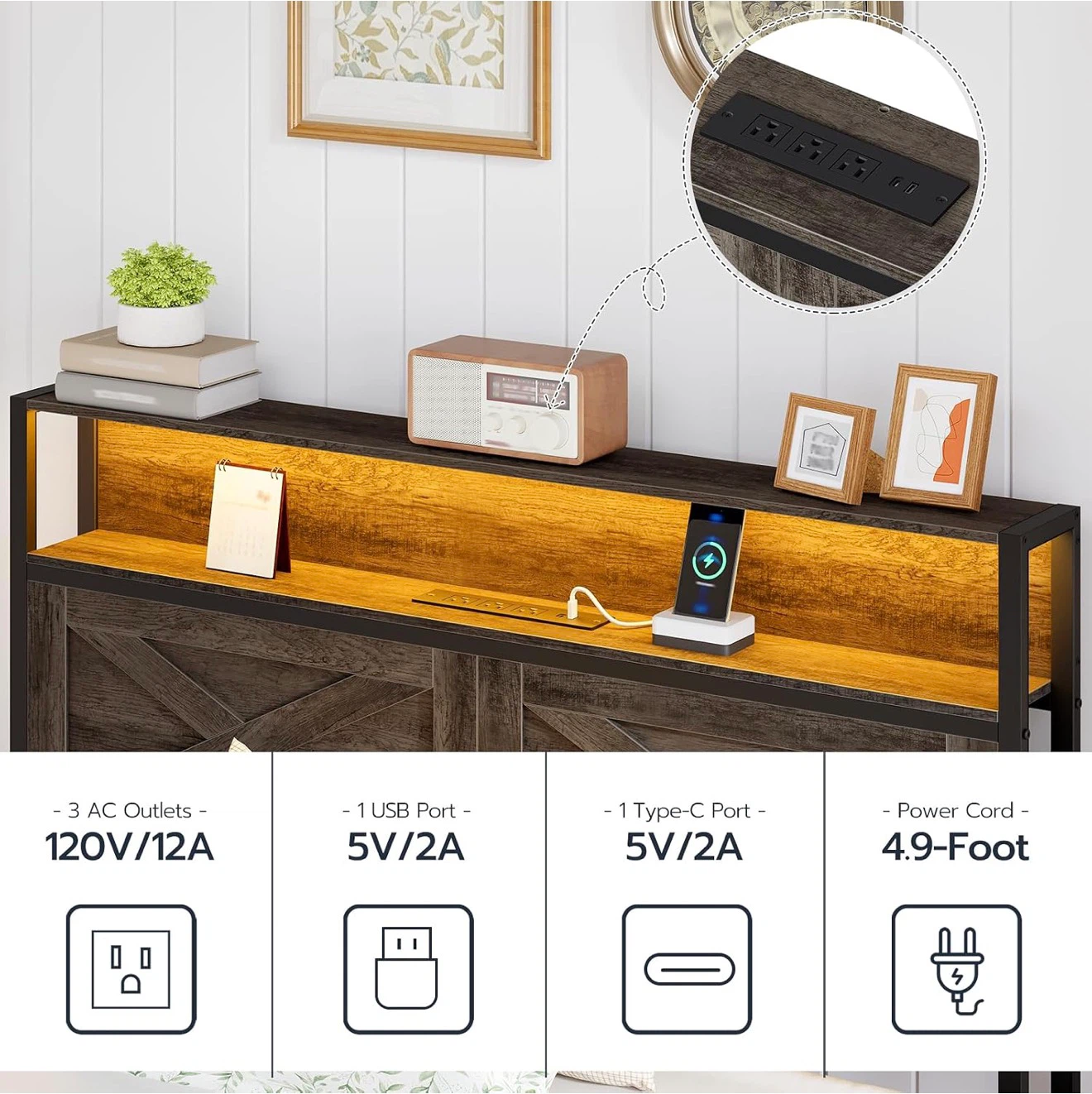Twin Size LED Bed Frame with Headboard Storage - photo 4