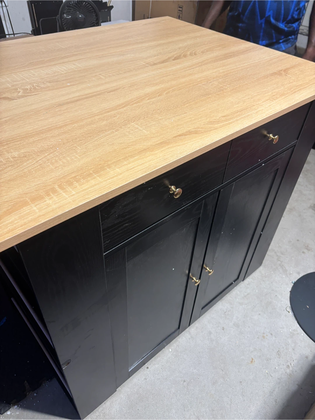 Kitchen Island with Black Cabinet and Wood Top