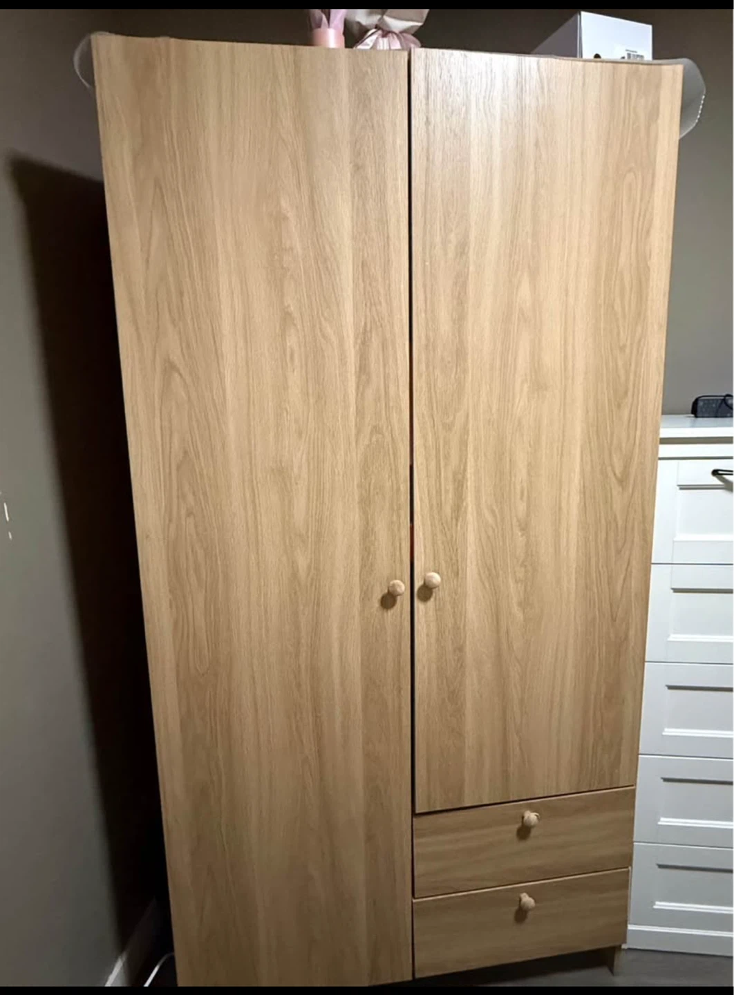 Light Oak Wood Finish Wardrobe with Drawers
