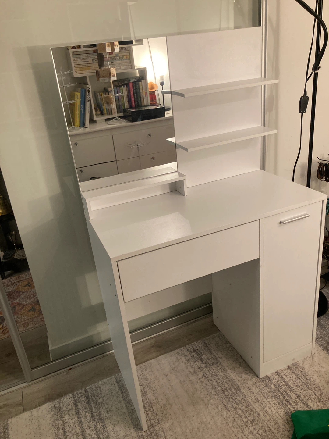 White Vanity Table with Mirror and Shelves