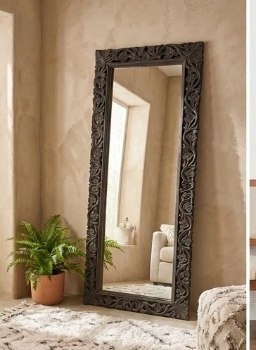 Ornate Black Carved Wood Full-Length Mirror