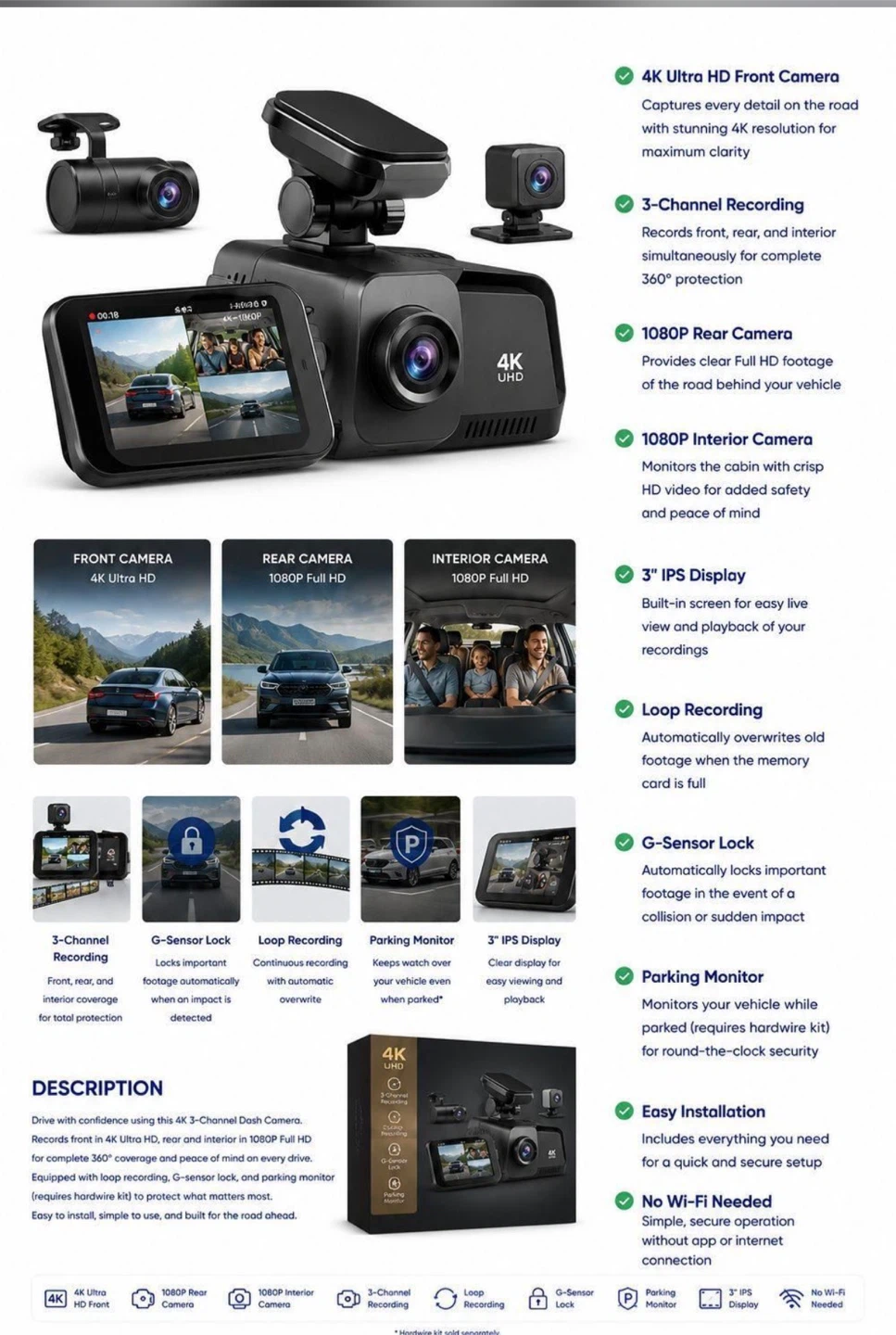 4K 3-Channel Dash Camera System - photo 2