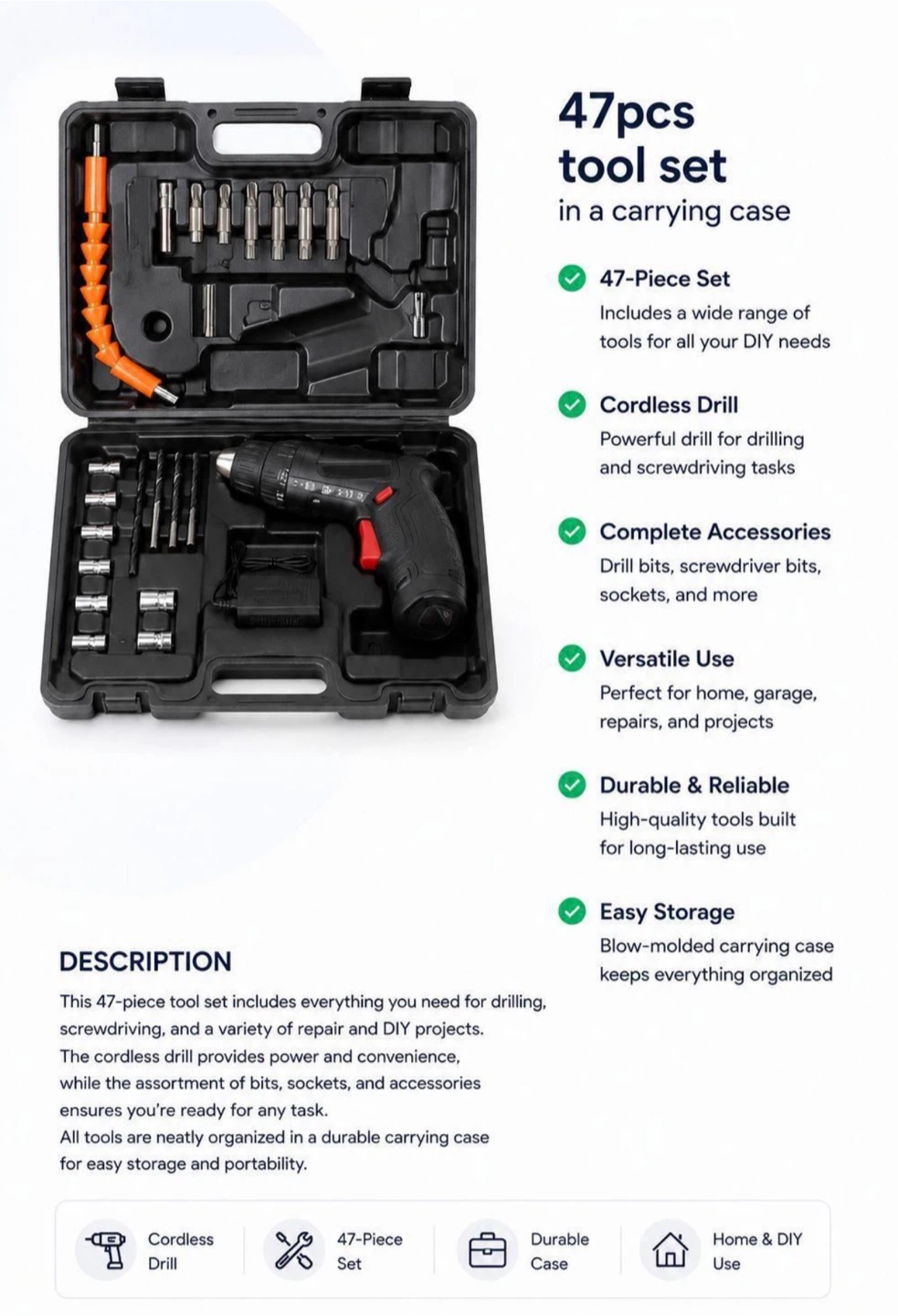 47-Piece Cordless Drill Tool Set