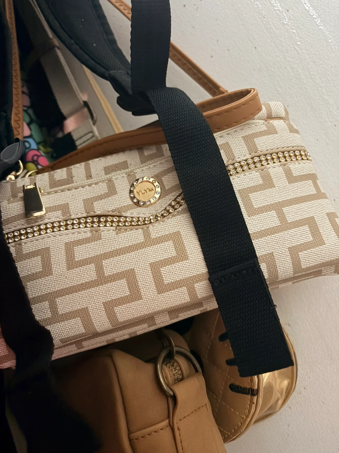 YLYM Beige Patterned Rhinestone Clutch
