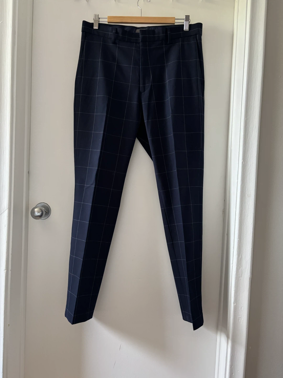 Navy Windowpane Pattern Dress Trousers - photo 2