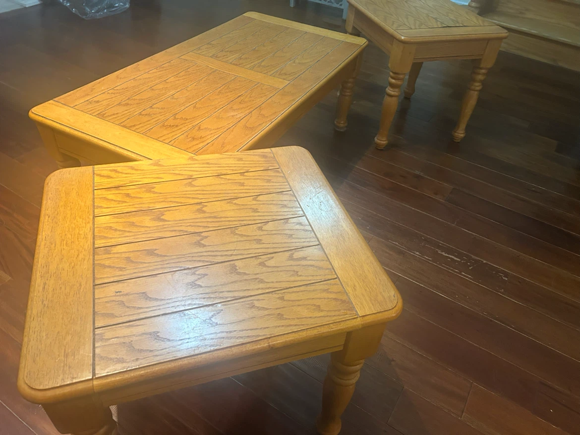 Oak coffee table and two end tables