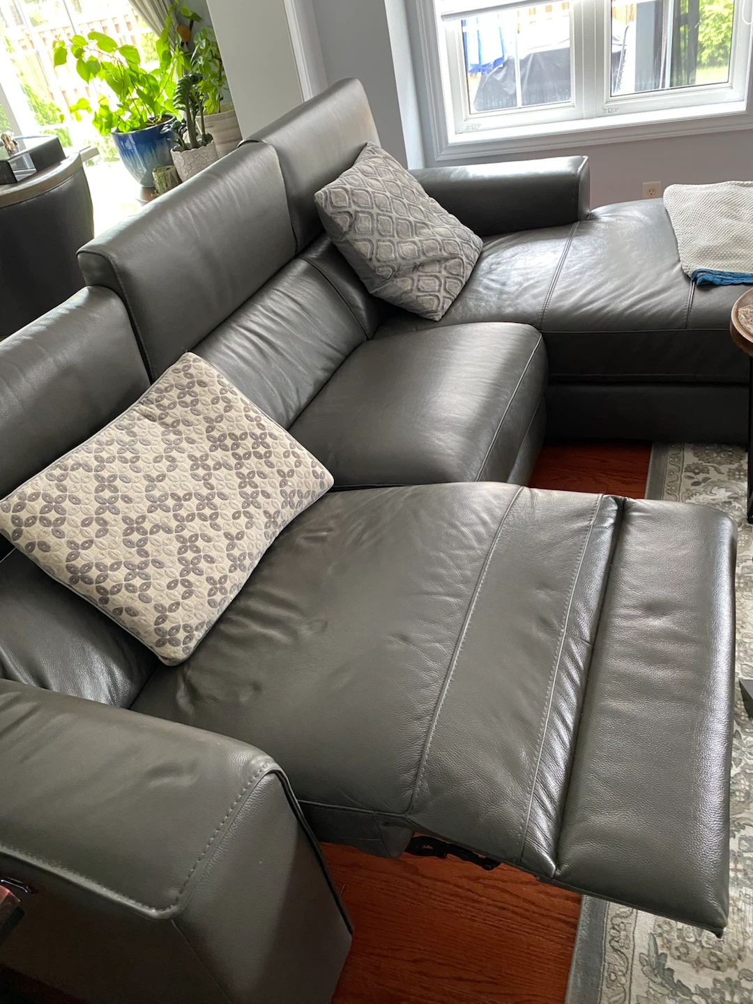 Dark Grey Leather Sectional Sofa with Recliner